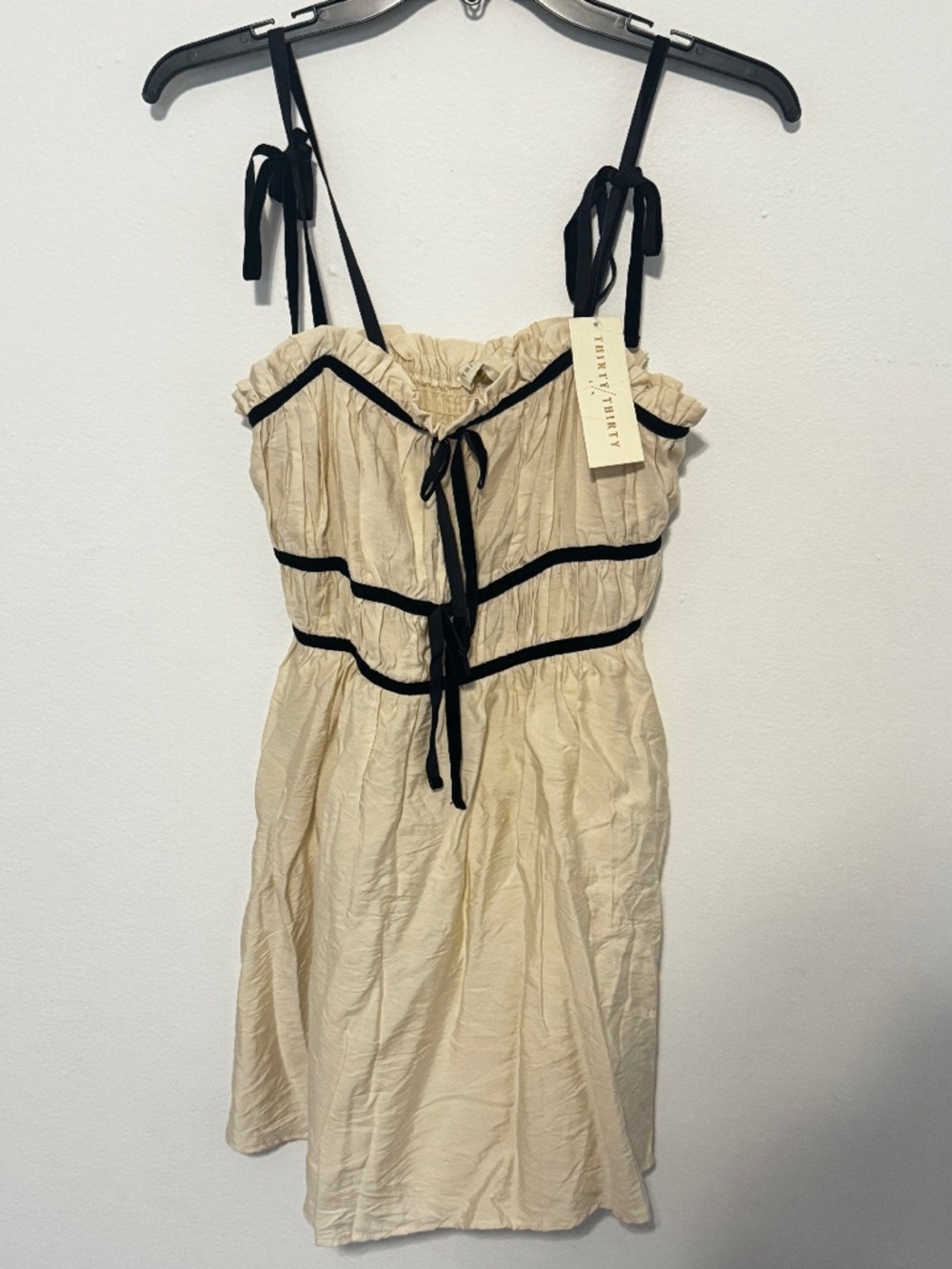 Cream Mini Sundress with Black Trim and Tie Straps